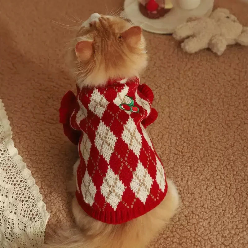 Winter Dog Knit Sweater Soft Dog Clothes Cute Plaid Puppy Sweater Cherry Print Cat Pullovers Pet Warm Turtleneck Poodle Apparel