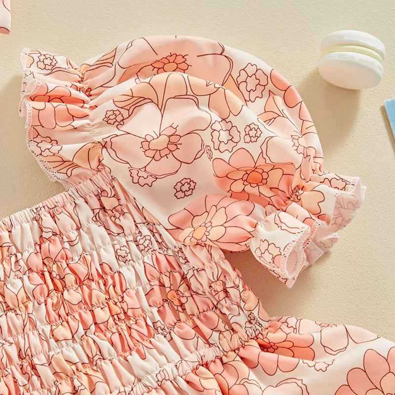 Summer Infant Baby Clothing Girls Rompers Dress Fruit/Flower Print Ruched Short Sleeve Jumpsuit Hairband For Newborn Clothes