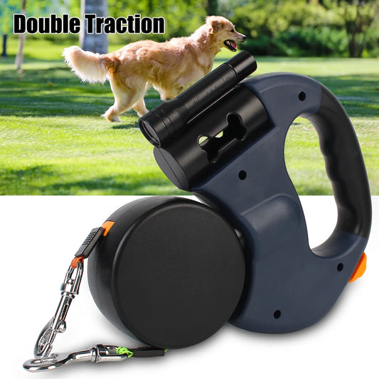 Roulette Dogs Strap With Flashlight Waste Bag Box Dual Dog Leash Auto Retractable 3m Double-Ended Traction Rope