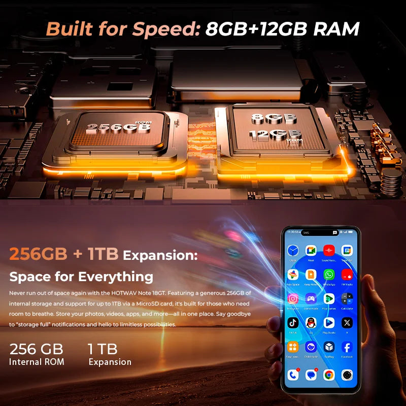 HOTWAV Note 18 GT Smart Phone 7.2'' 120Hz 8.6mm Ultra-Thin Mobilephone 8GB RAM 256GB ROM 6200mAh Battery Android 15 Cellphone