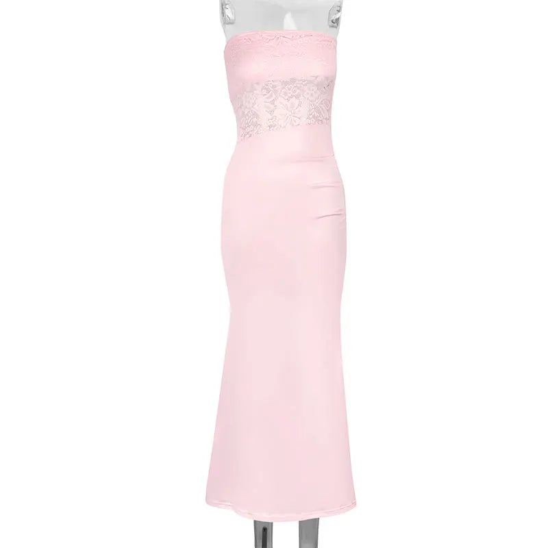 Summer New Women Maxi Dresses Pink Sexy Lace Sweet Sleeveless Backless Dress Streetwear Fashion Casual Slim Lady Dress Clothing