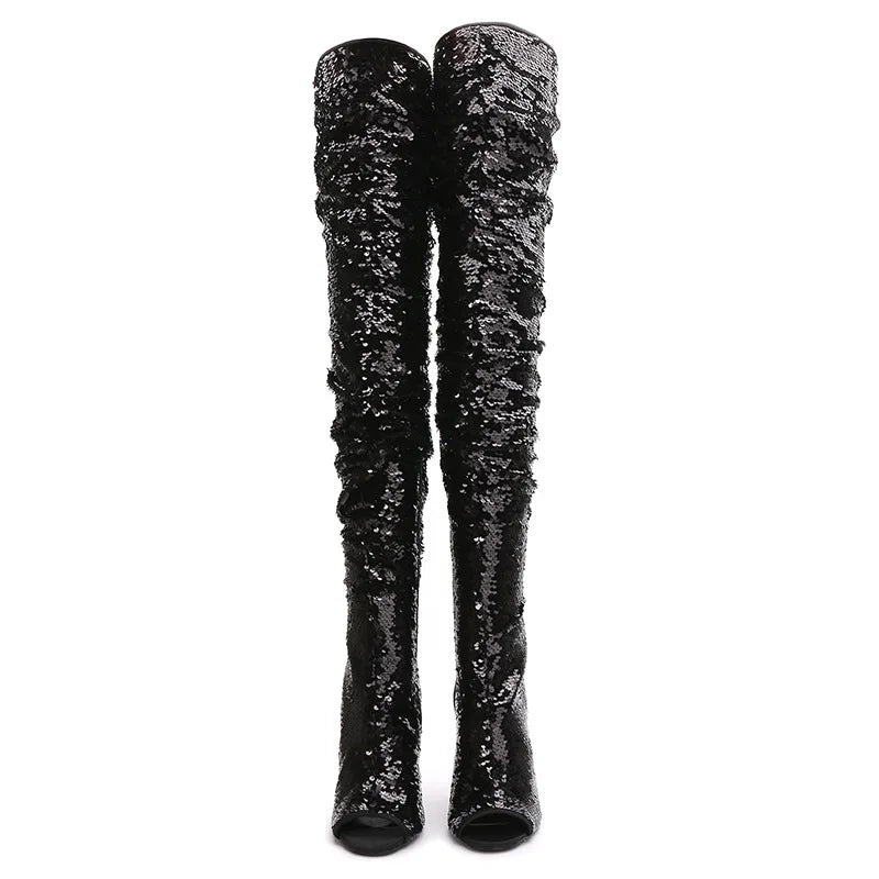 Fashion Wrinkle Women Long Boots Blue Sequined High Heels 11CM Nightclub Queen Peep Toe Shoes Shiny Over The Knee Boots Female