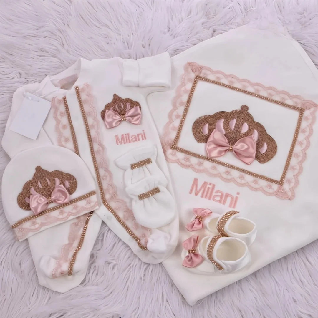 Customized Name Newborn Baby Boss Embroidery Lace Romper Outfit Infant Wrapped Baby Products Pants Mittens Receiving Blanket
