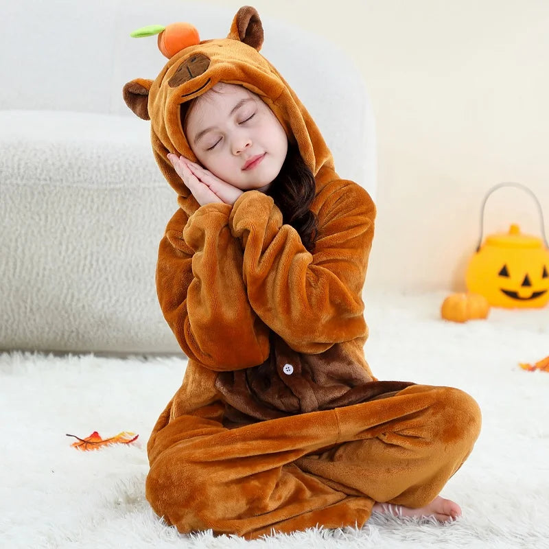 MICHLEY Christmas Capybara Flannel Blanket Sleepers Onesie Hooded Children Costume Clothes Jumpsuit Sleepwear For Boys Girls