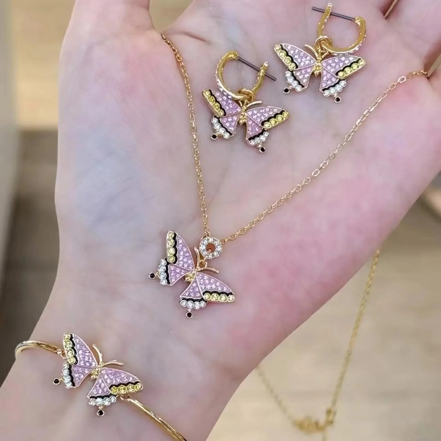 Snowflake Flowers Original New Sales Trend High Quality Jewelry Flower Sets Necklace Earring Ring Bracelet Pink Anniversary Gift