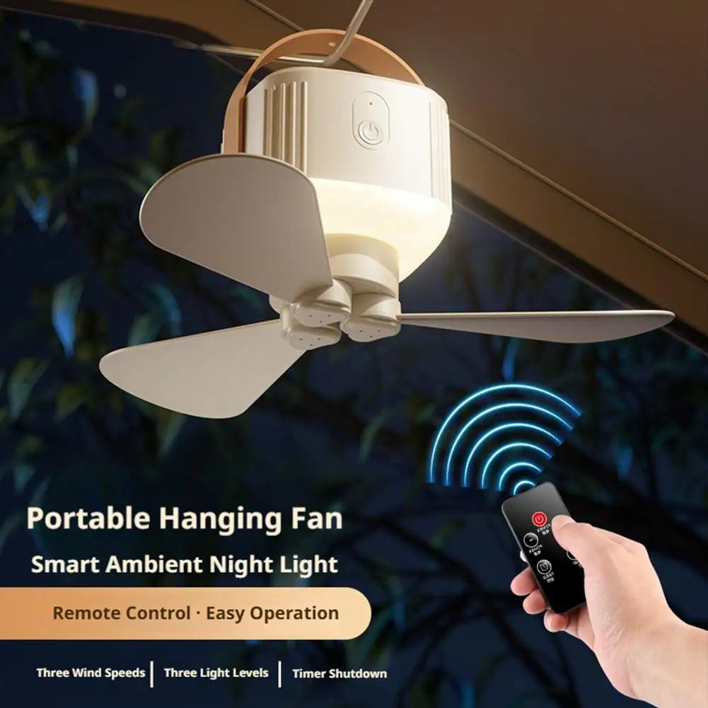Portable Ceiling Fans Outdoor Camping Fan Tent Ventilator Cooler Rechargeable Electric Fan Remote Control LED Lighting