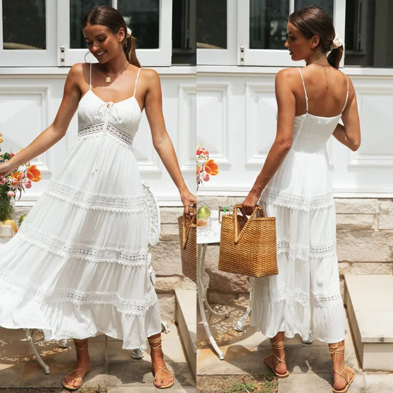 Summer Women Long Party Dress Vintage Long Sleeve Floor Length Sexy Backless White Lace Maxi Dress  sexy