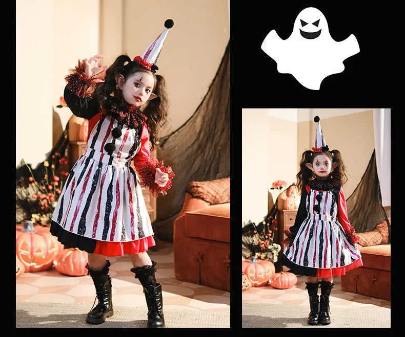 Halloween Cosplay Costumes Horror Clown Dresses Pants Headwear Clothes Sets Carnival Theme Party Role Playing Outfits for Girls