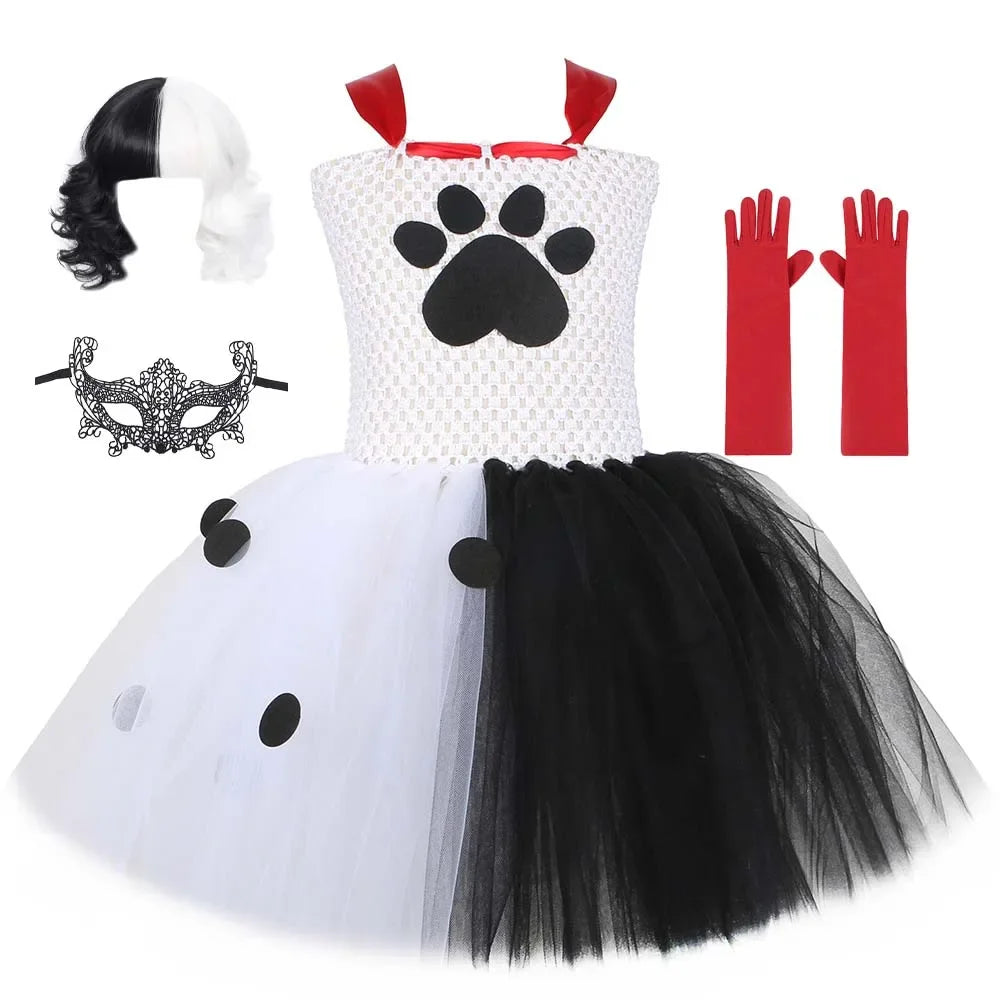 Halloween Crulla Cosplay Costume Cruella Tulle Dress Party Girls Black White Carnival Kids Cruella Wig Lace Mask Suit Clothes