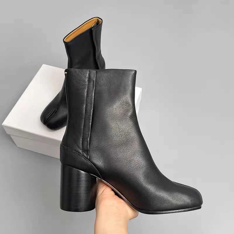 Split Toe Chunky Heels Ankle Boots Women Brand Designer Tabi Short Boots Autumn Winter INS Style Genuine Leather Female Shoes