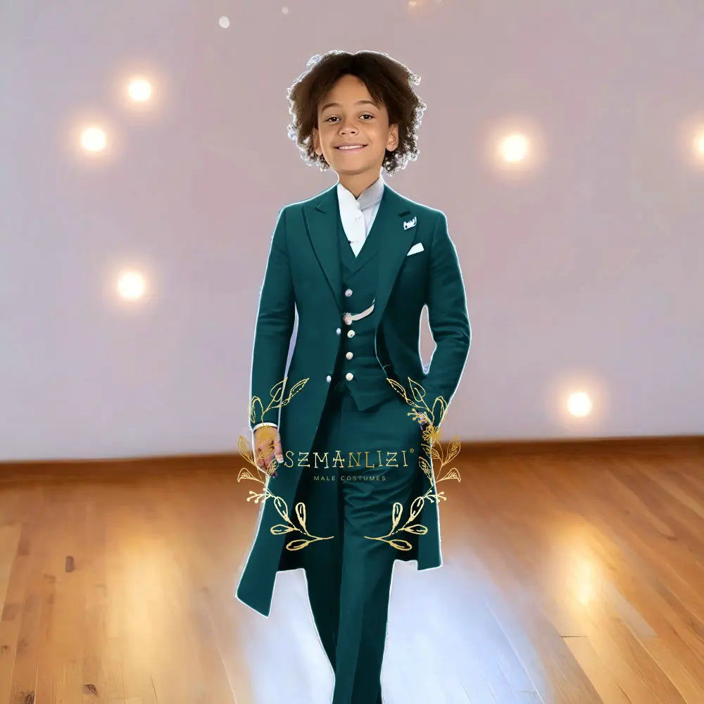 Children Formal Tuxedos Boys Suit Light Grey Long Jacket Vest Pants Sets for Piano Performance Birthday Party Costume Tailored