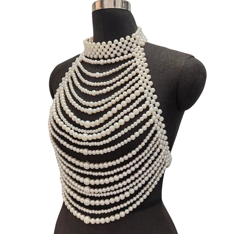 Handmade White Pearl Multilayer Bridal Halter Neck Vest Body Chain Pearl Bralette Chest Harness Beaded Bra