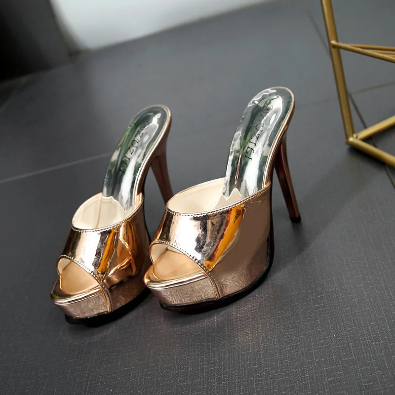 Summer Slippers Women Glossy Leather Gold Silvery High Heels 12CM Party Lady Shoes Mules Fashion Female Platform Slides Sandals