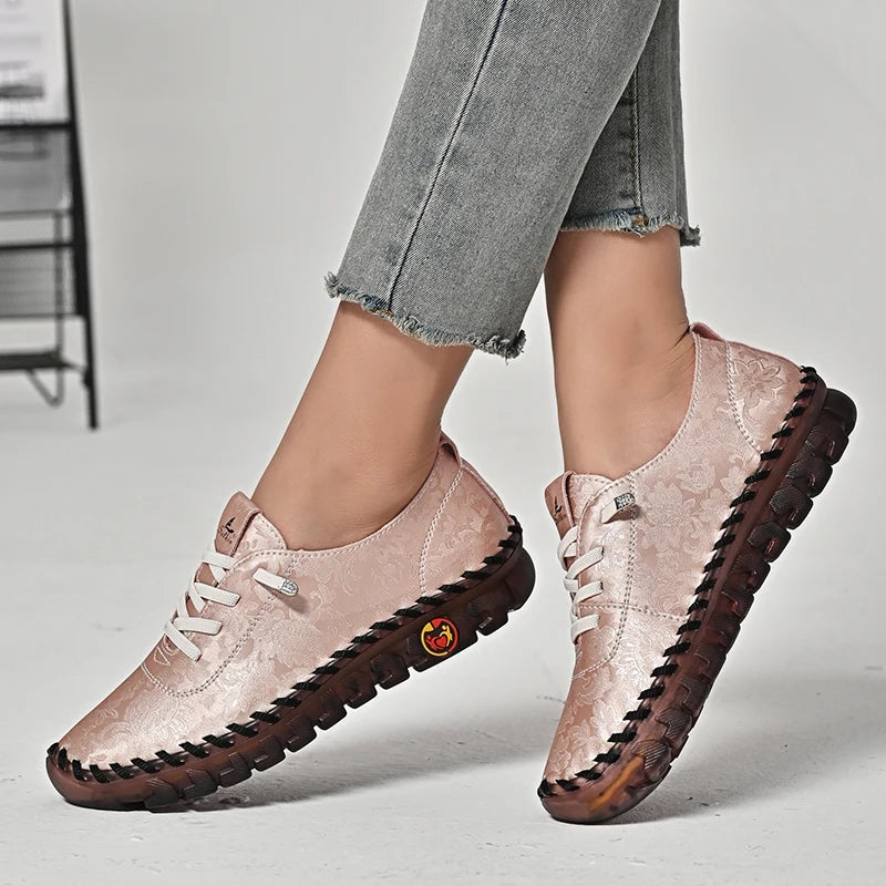Print Fashion Sneakers Women Hand-stitching Leather Casual Shoes Design Platform Loafers Breathable Flats Shoe Driving Plus Size