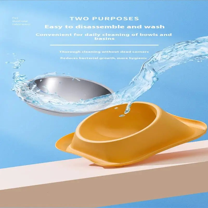 1pc Stainless Steel Double Cat Dog Bowl Cat Food Container Non-slip Base Pet Water Feeder Tilt Safeguard Neck Puppy Cats Bowls