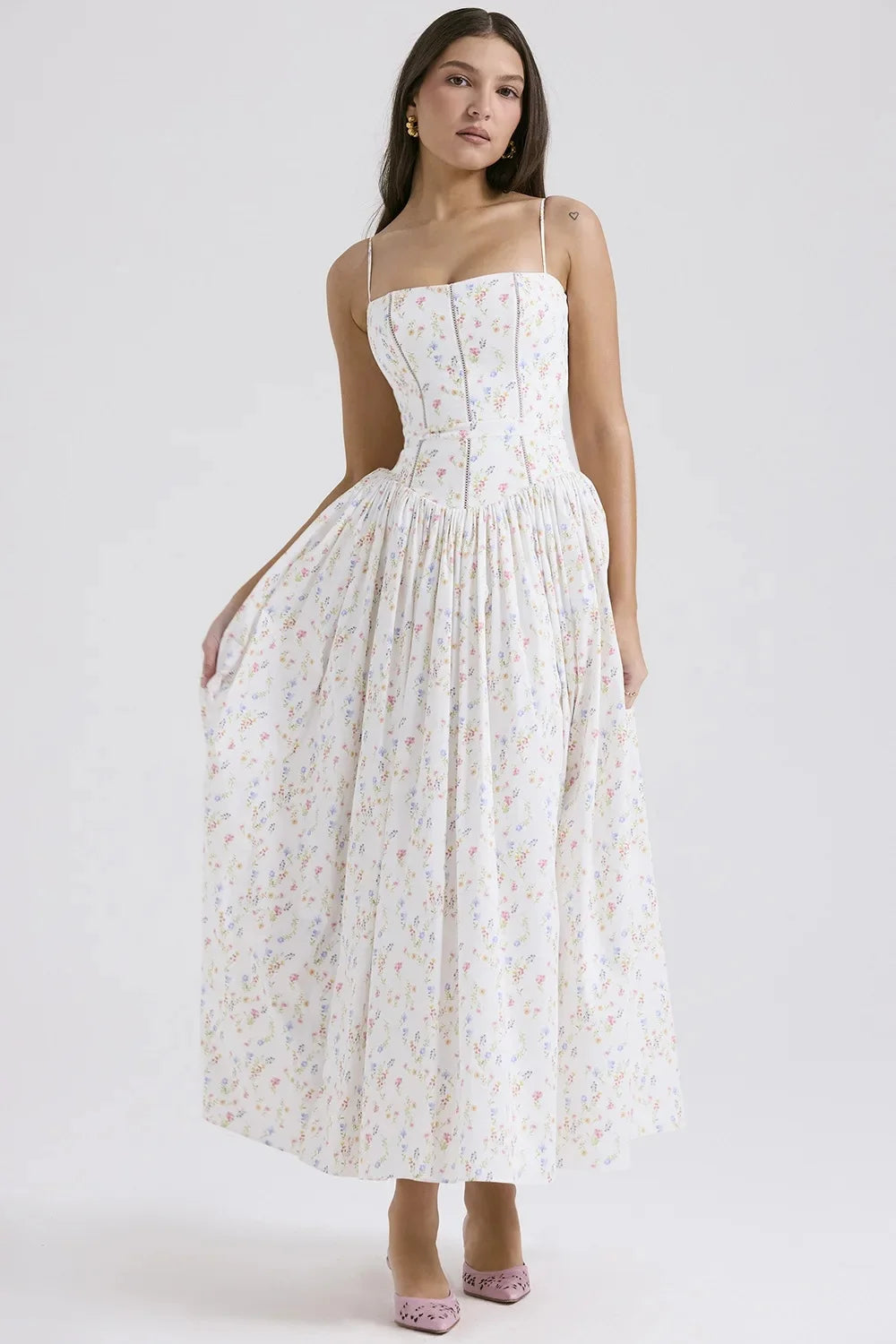 Elegant Fairylike French Style Gentle Floral Print Strapless Midi Dress Slimming Women's Fashion High End Feeling Dress