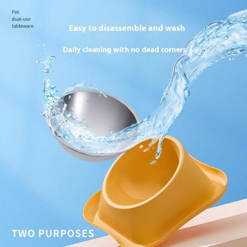 1pc Stainless Steel Double Cat Dog Bowl Cat Food Container Non-slip Base Pet Water Feeder Tilt Safeguard Neck Puppy Cats Bowls