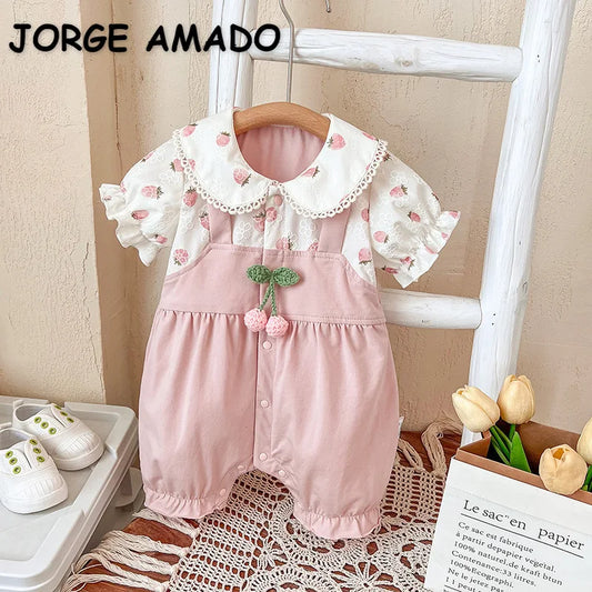 Summer Baby Girls Thin Rompers Lace Peter Pan Collar Puff Sleeve Cute Strawberry Print Jumpsuit Newborn Birthday Clothes E24256