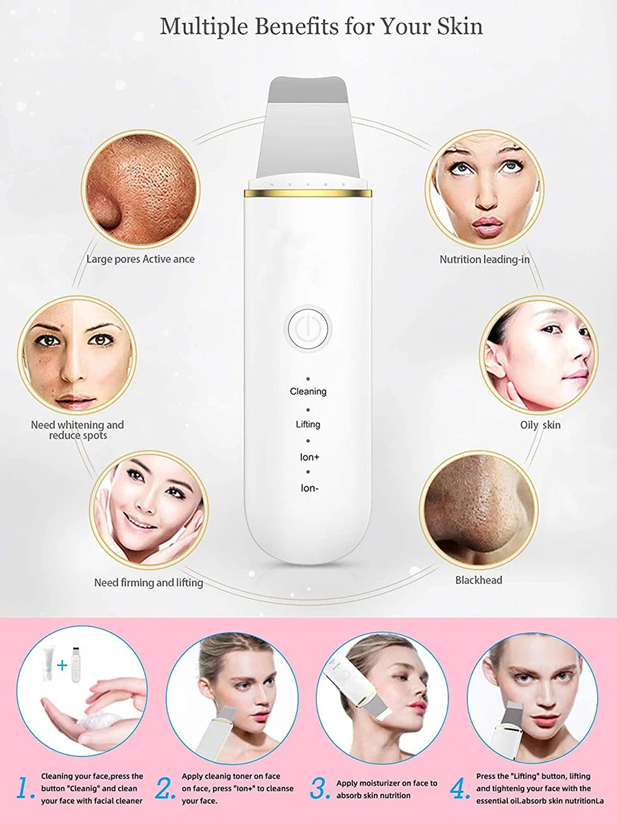 Ultrasonic skin scrub, facial skin cleansing, pore blackhead cleaning machine, and skincare tools for deep facial cleansing