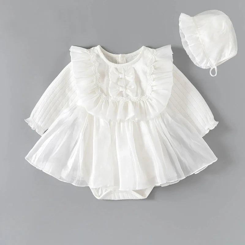 Spring Autumn Newborn Girls Clothes Korean Cute Bow Mesh Cotton Long Sleeve Princess Bodysuits+Hat Baby Boutique Clothing B038