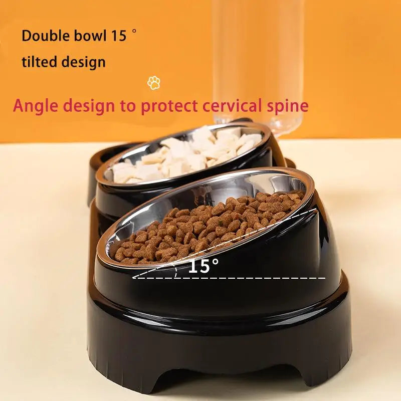 Cat Bowl Slanted Mouth Dog Bowl Cat Rice Bowl Double Bowl Stainless Steel Automatic Refilling Pet Bowl Three In One Drinking Fee