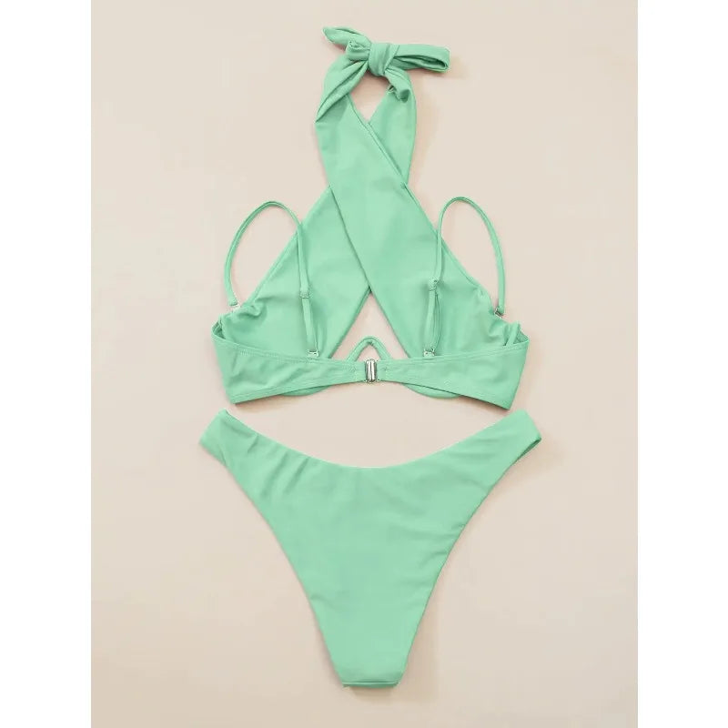 Sexy Bikini Women Cross Halter Underwire Swimsuit Split Push Up Bikini Set Female Bathers Swimming Summer Beachwear Bathing Suit