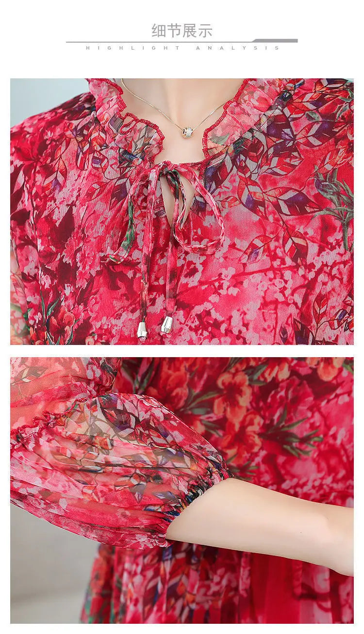 Summer New Casual Half Sleeve Midi Dress Vintage Printed Women's Clothing Ruffles Spliced Stylish Drawstring Loose Gauze Dresses