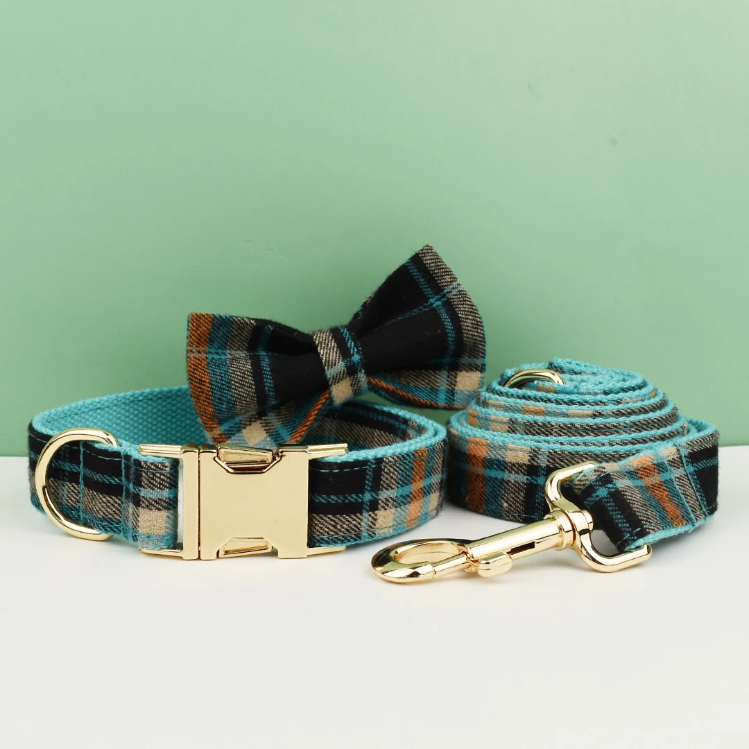 Plaid Dog Collar Designer With Bow Tie Custom Dog Accessories Luxury Pet collar leash set
