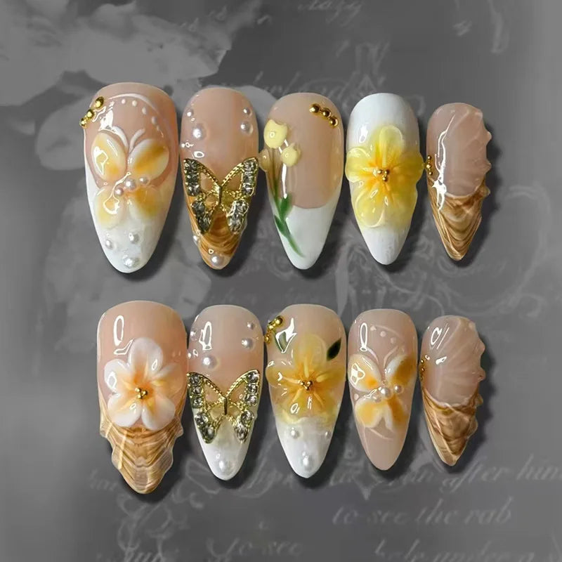 24pcs Long Almond False Nails with Flower Pearl Rhinestone Design Fake Nails Leopard Print Press on Nails Sets Finished Manicure