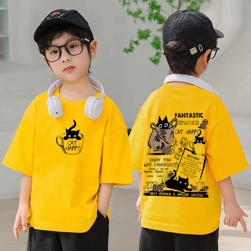 100% Cotton Boys T-shirt Summer Streetwear Cool Graffiti Print Girls Tees Short Sleeve Children Tops High Quality Kids Clothes