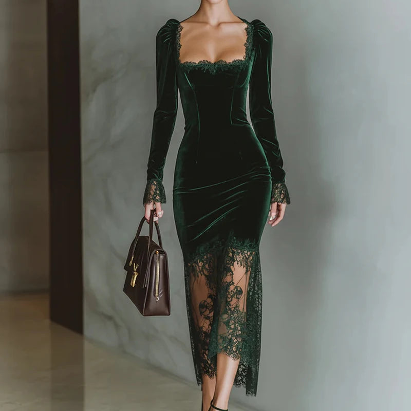 Square Collar Autumn Winter Chic Maxi Dress, Women Holiday Lace Patchwork Fashion Party Dress, Long Sleeve Backless Ladies Dress