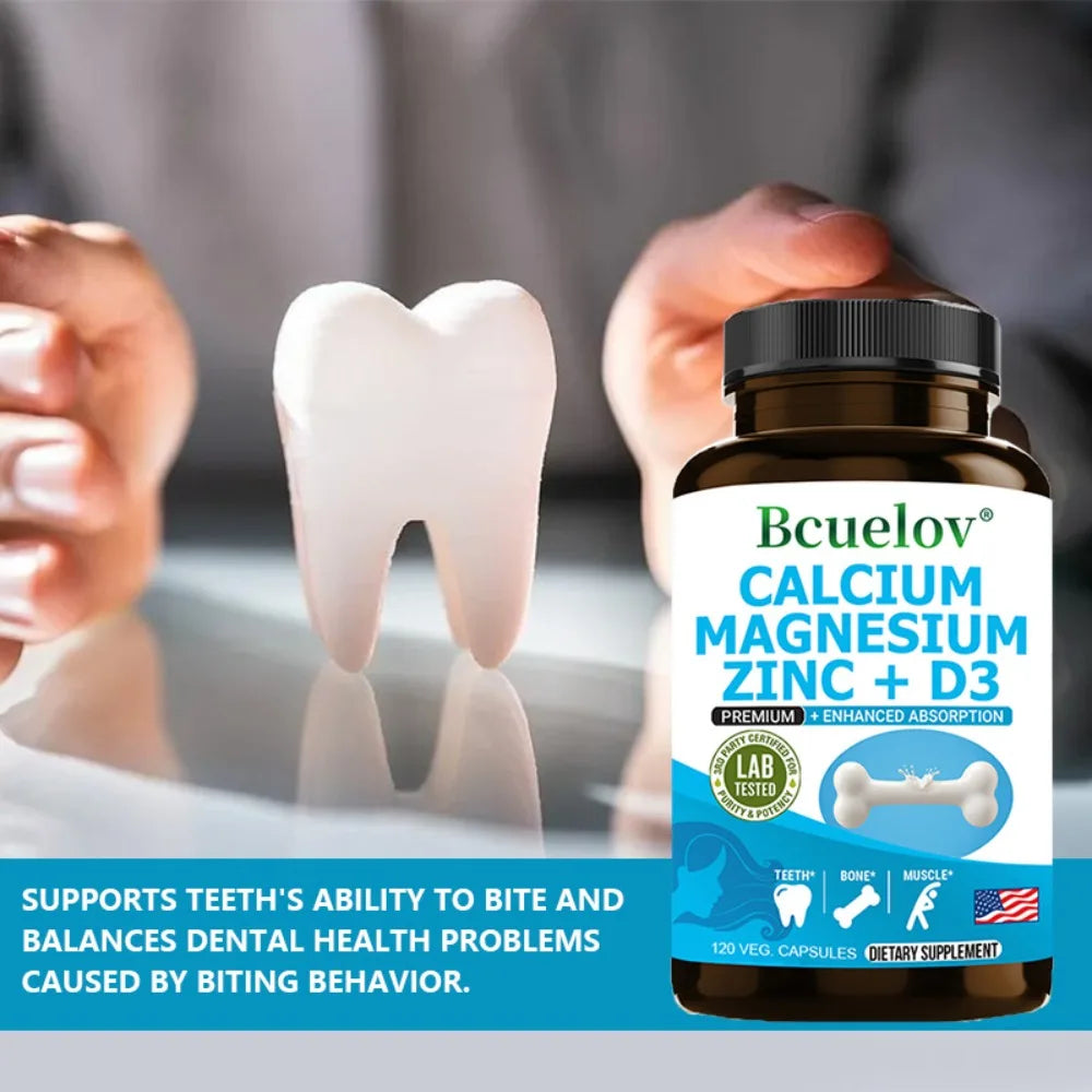 Calcium + Magnesium + Zinc + Vitamin D3 Capsules - Supports Bone and Nervous System Health and Improves Mood