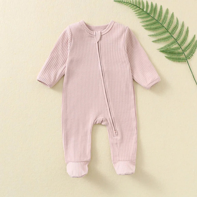 Autumn Zipper Baby Onesie Ribbed Knit Footed Romper Long Sleeve Solid Color Jumpsuit for 0-12M Newborn Infant Outfits