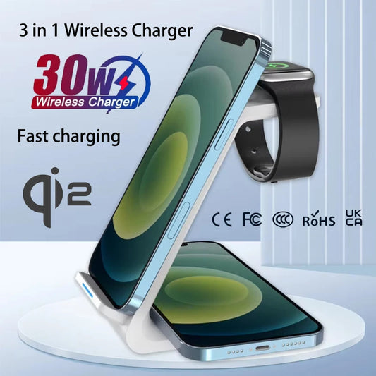 3-in-1 Wireless Charger Magnetic Stand 30W Output Power Travel Charger for iPhone Smart Watch Earphone with Holder