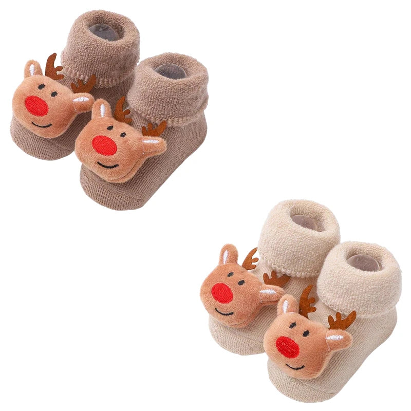 2 Pairs Kids Cotton Socks for Girls Boys Non-slip Toddler Baby Christmas Socks for Newborn Winter Warm New Year Infant Socks