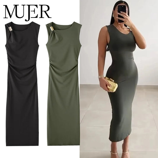 MUJER 2025 Pleated Midi Dress Women Bodycon Long Dress Woman Asymmetric Holiday Women's Summer Dress Sleeveless Evening Dresses