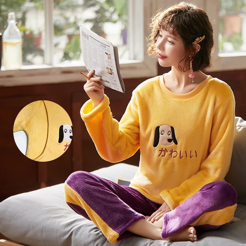Autumn Long Sleeve flannel Maternity Clothing winter Thin coral fleece Pajamas Set Pregnant Women Breastfeeding Nursing Pyjama