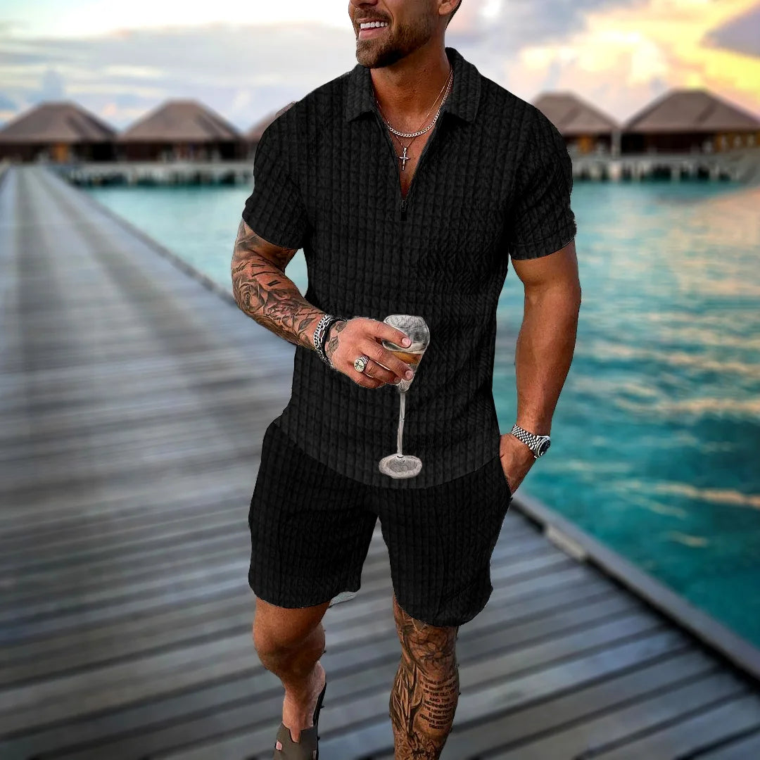 Men Tracksuit Summer New 3D Printed Beach Zipper Polo Shirts Shorts 2 Pcs Sets Boho Geometric Style Holiday Clothing Ropa Hombre