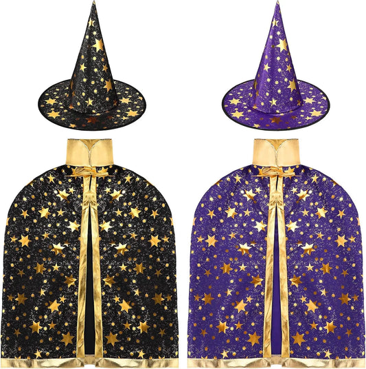 2 Sets Kids Halloween Costumes Witch Cloak Witch Cape & Hat Children Dress up kit-Cosplay Party Accessories for 3-12 Years Kid