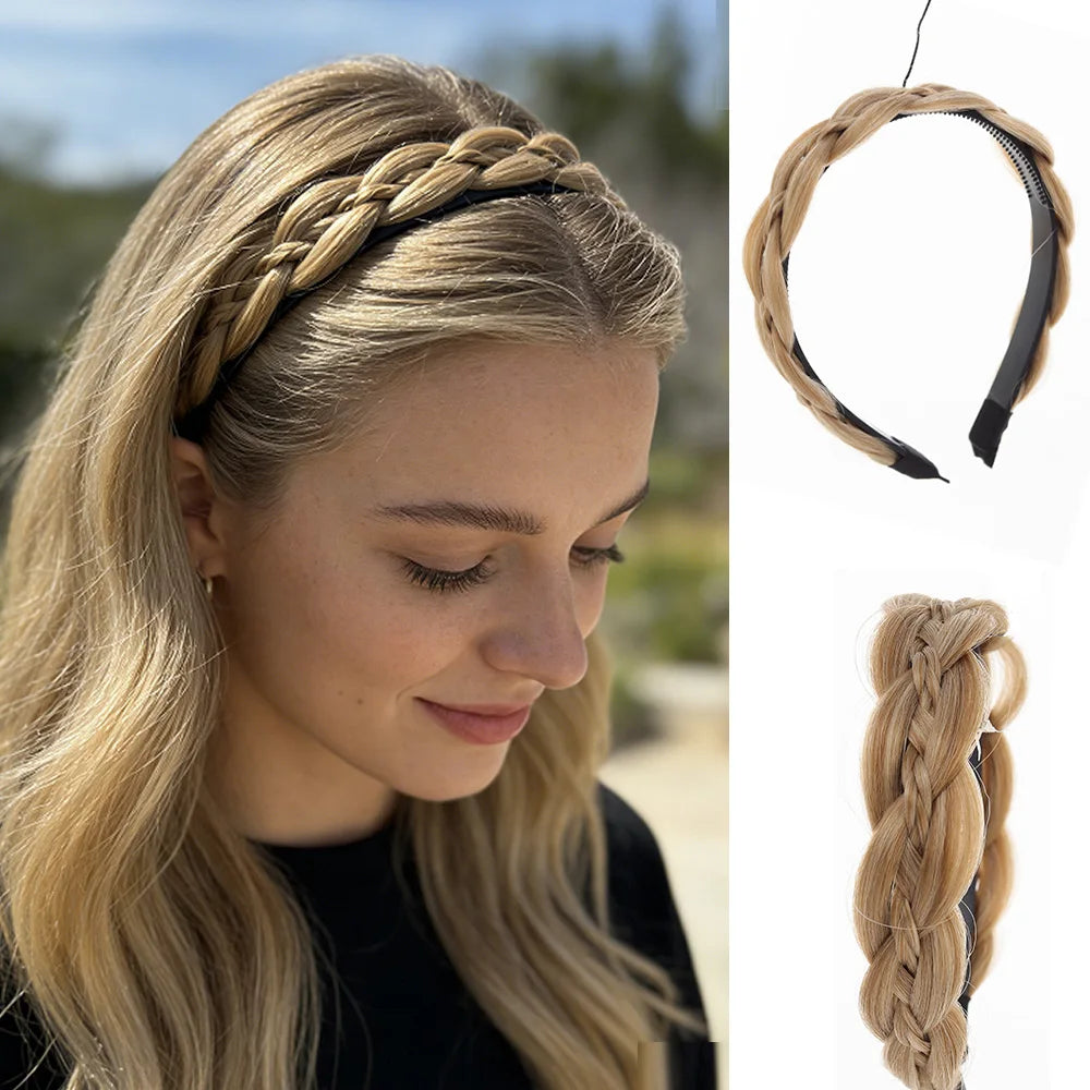 Synthetic Ladies Hair Wide Fishbone Braids Non-slip Headband Handmade Retro Headband Styling Headwear Accessories