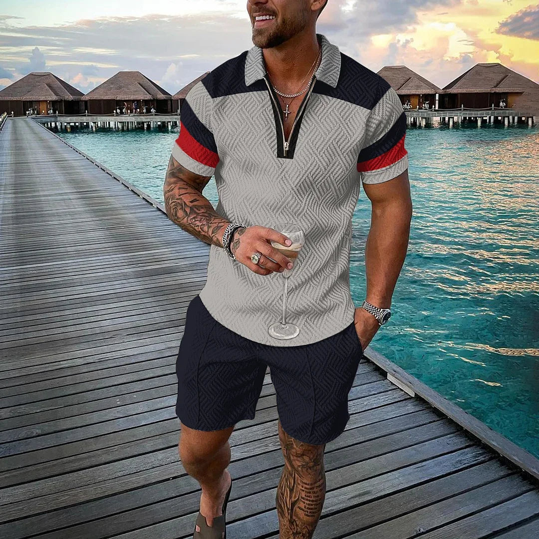 Men Tracksuit Summer New 3D Printed Beach Zipper Polo Shirts Shorts 2 Pcs Sets Boho Geometric Style Holiday Clothing Ropa Hombre