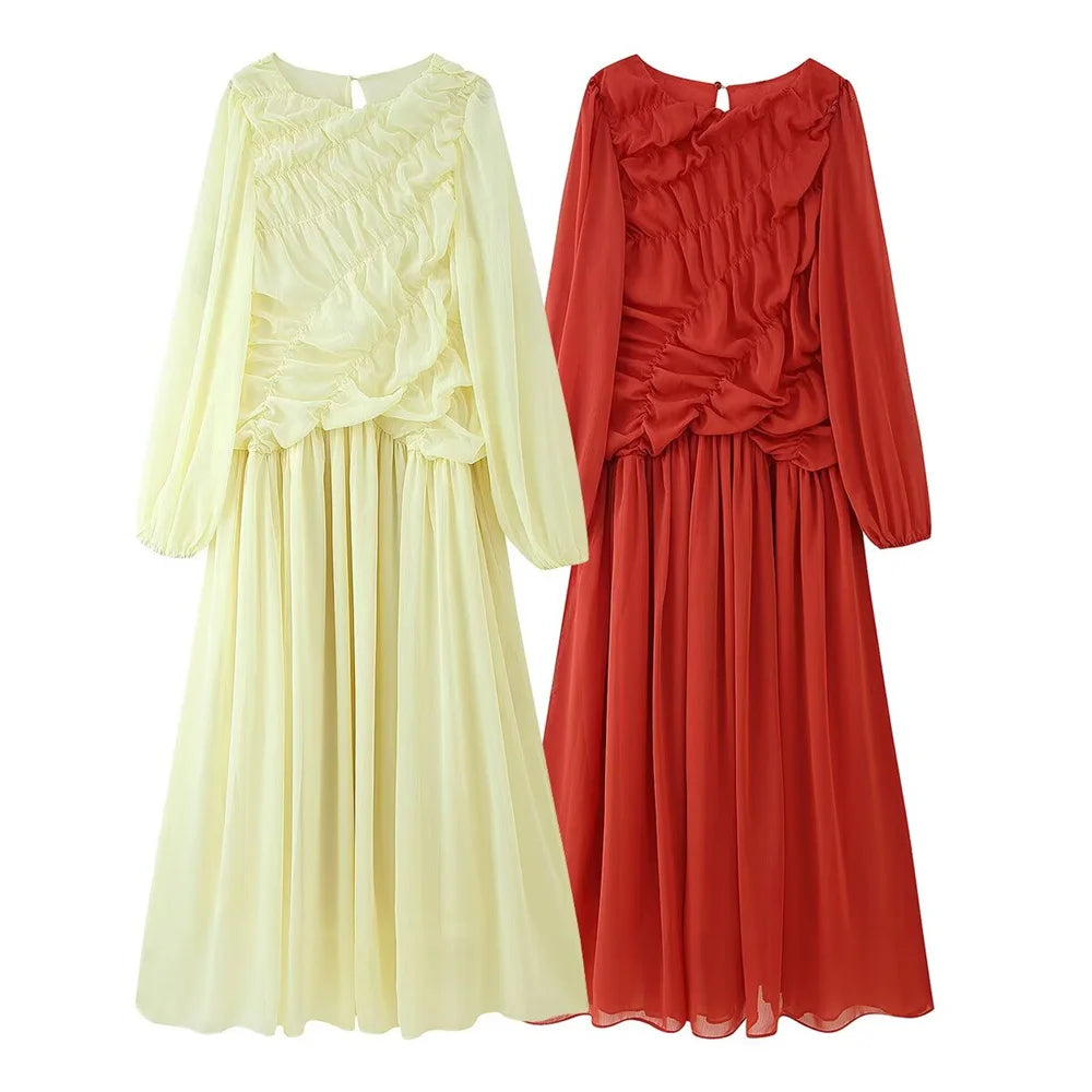 women's long sleeved mesh pleated loose casual dress summer new product solid color temperament long skirt