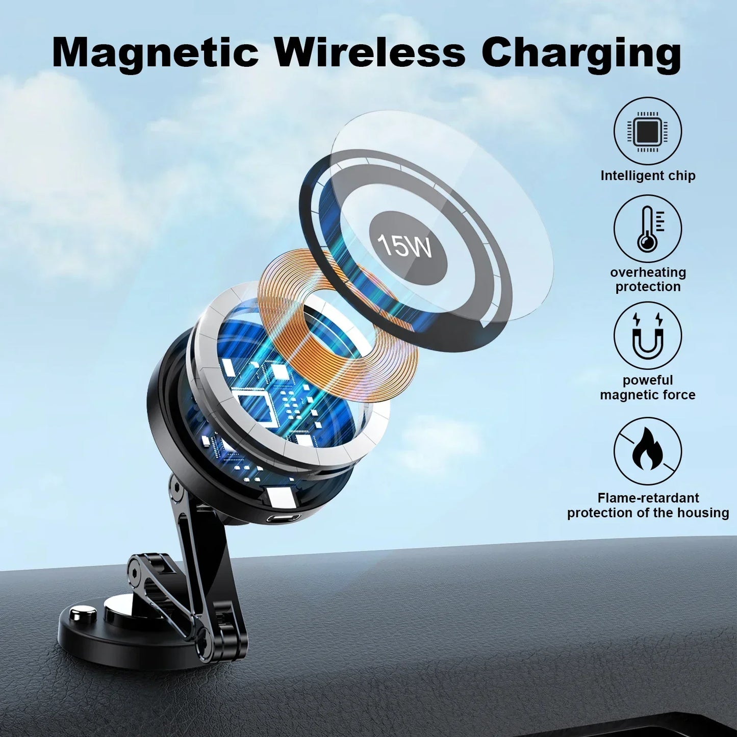 15W Magnetic Car Phone Holder Mount Wireless Charger Fast Charging Rotation Magnetic Car Phone Stand for IPhone 16 15 14 13 12