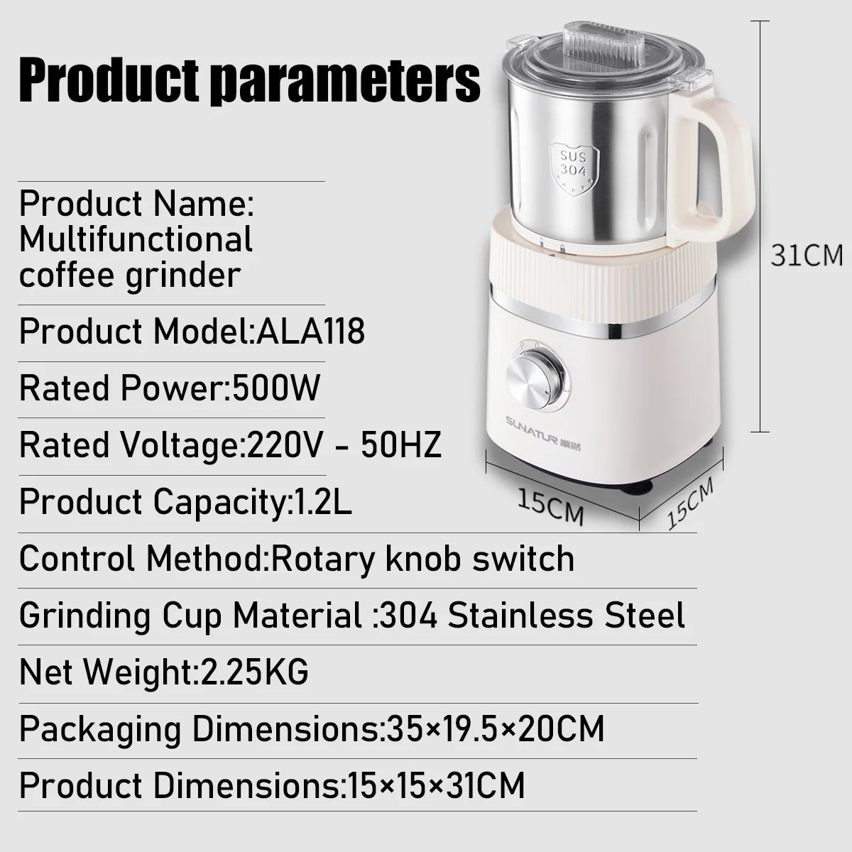 SUNATUR 500W Home Use Food Processor Multifunctional Kitchen Grinder for Coffee Spices Baby Food with Large Capacity