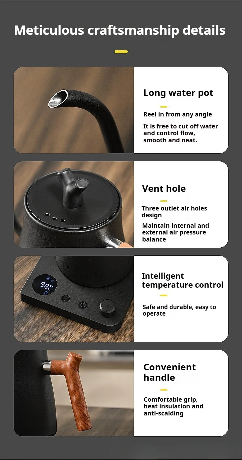 Smart Electric Gooseneck Kettle 1L 1000W, Stainless Steel Pour Over Coffee/Tea, 40-100°C Temp Control, Auto Shut-Off