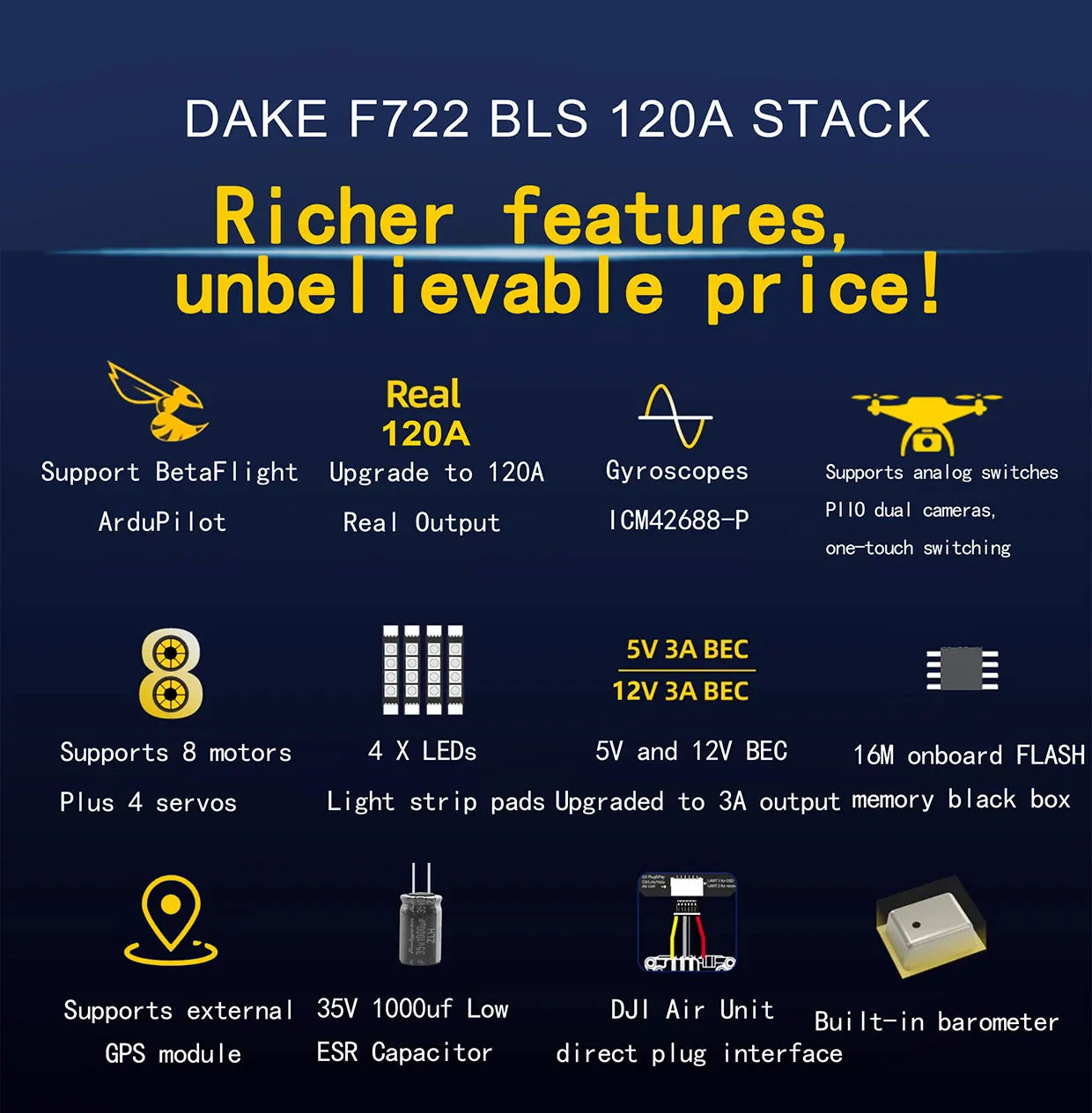 DAKEFPV F722 Flight Control FC 3-12S 100A 120A 4in1 ESC F722 Flight STACK 30x30mm For Remote Control FPV Racing Drone