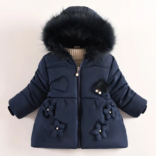 1-5 Years Flowers Autumn Winter Girls Jacket Fur Collar Keep Warm Little Princess Coat Hooded Zipper Baby Outerwear Kids Clothes