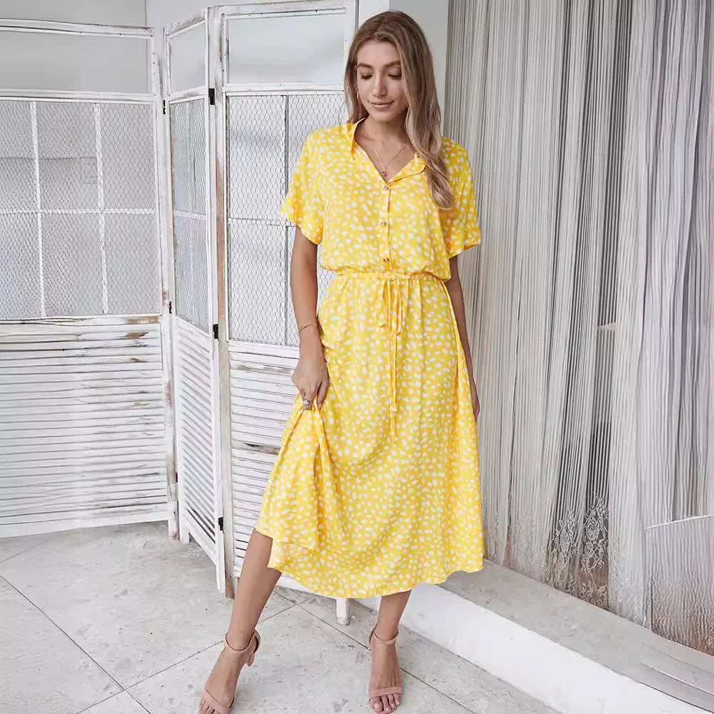 New Fashion Women's Polka Dot Print Short Sleeve Midi Dress Cotton Summer New Arrival Knee-Length Stand Collar Regular Waist