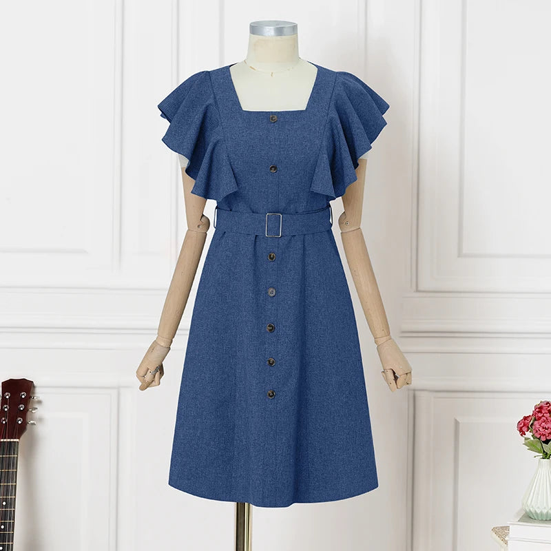ZANZEA Elegant Women Office Lady Dress Summer Short Sleeve Ruffled Vestidos Casual Solid Color Square Collar Party Midi Sundress