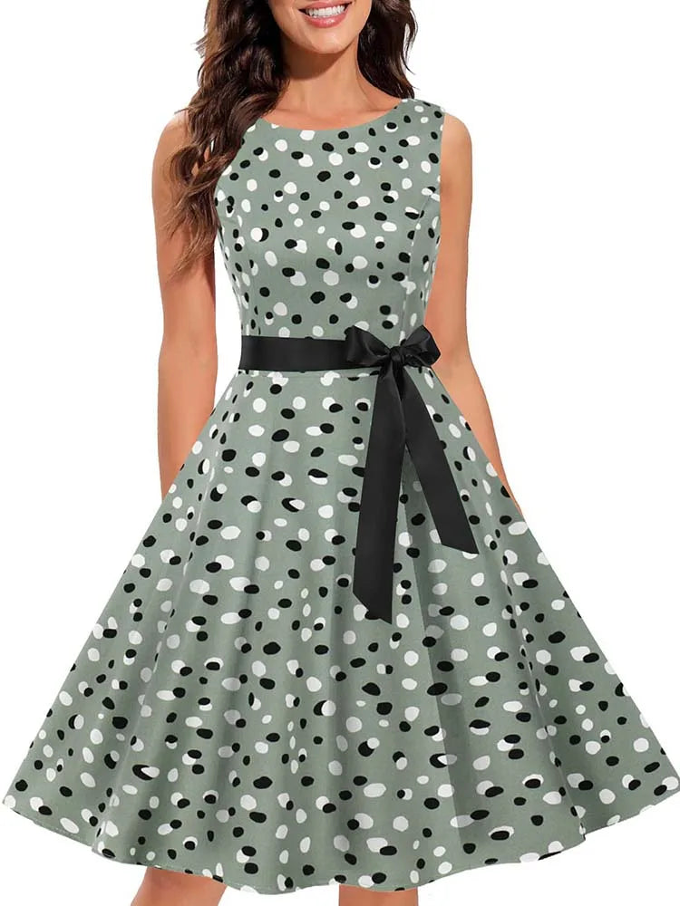 Sleeveless Floral Print Summer Dress Women Elegant Vintage Casual O Neck A Line Midi Party Sundress Vestidos With Belt